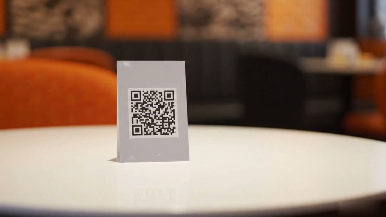 A Restrofi table QR stand in a restaurant